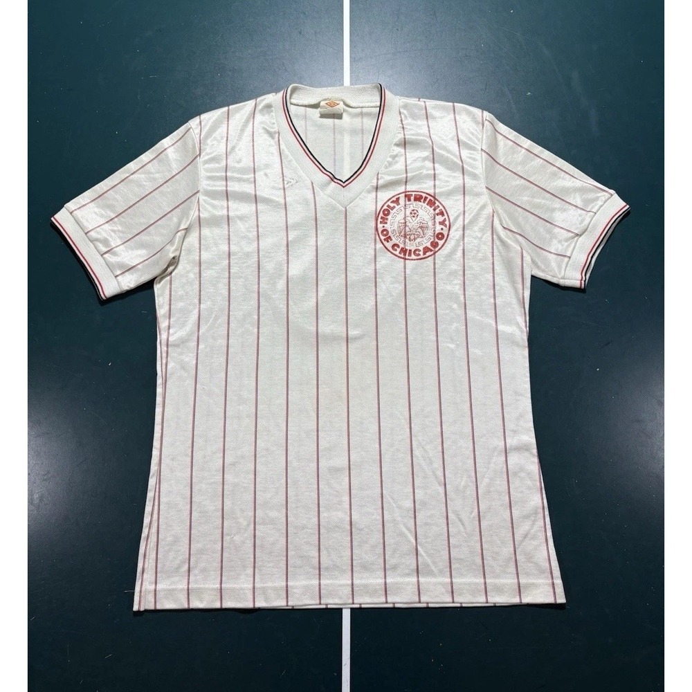 Vintage 80s Umbro Holy Trinity Of Chicago Soccer Jersey Large Pinstriped Satin‎